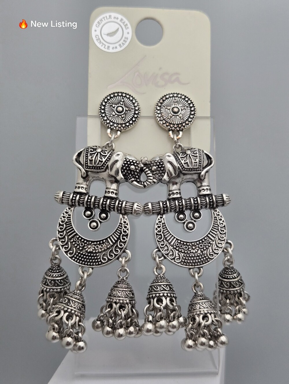 Lovisa Oxidized Silver Jhumka Chandbali Earrings Elephant Motif Boho Indian